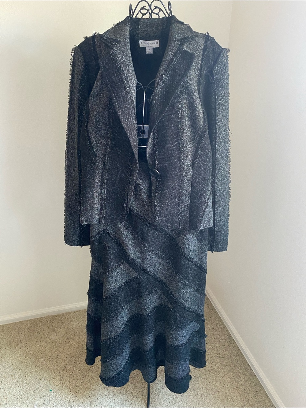 Lena Gabrielle Black Textured Two-Piece Skirt Set with Subtle Wave Stripe